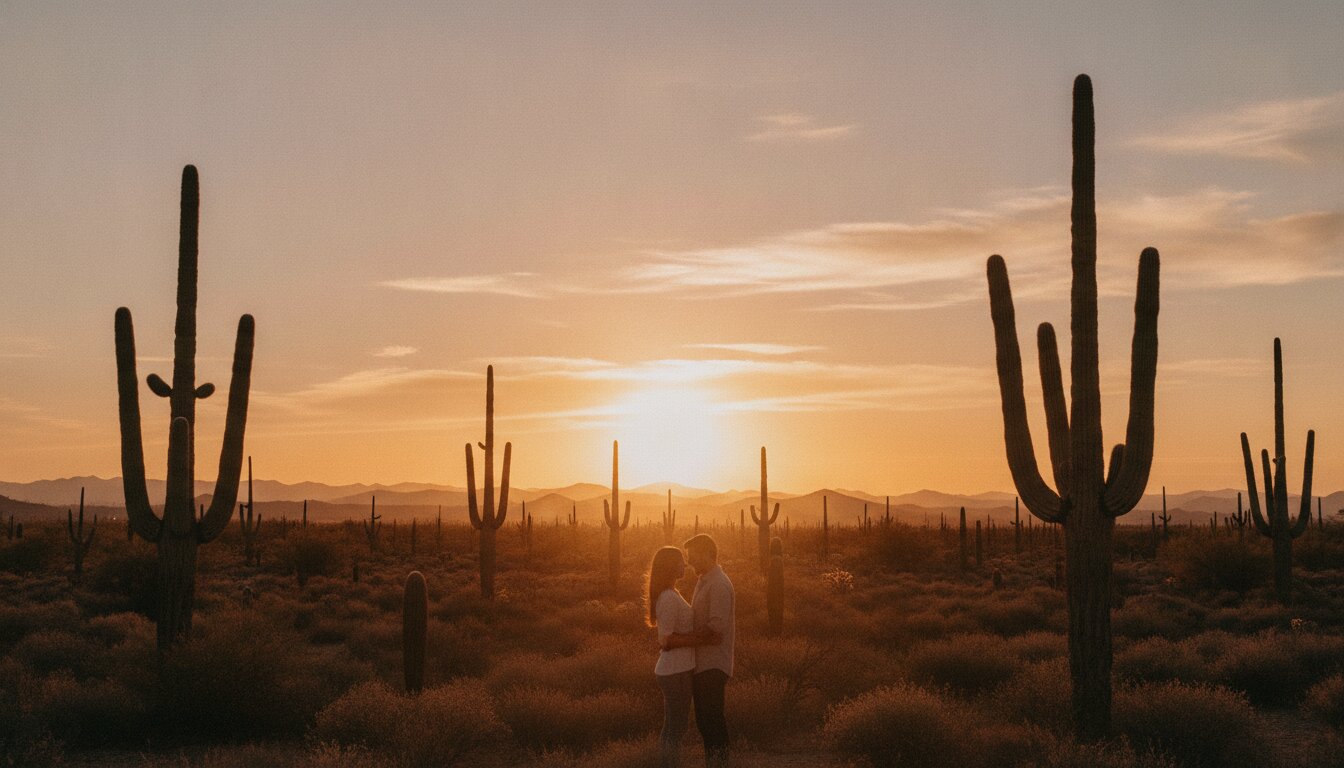 Couple embracing at golden hour in the Arizona desert